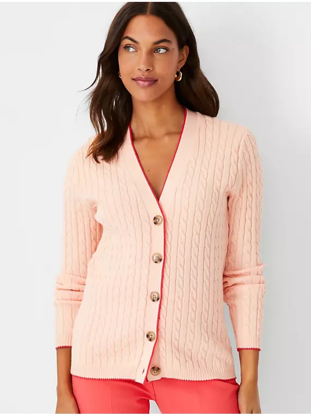Ann Taylor Peach Cable-Knit V-Neck Cardigan with Coral Trim
